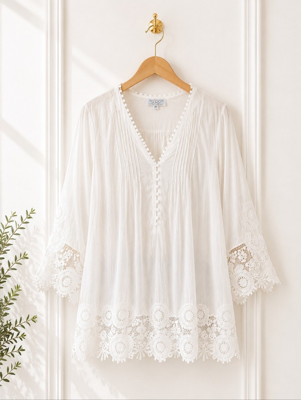 Tamsy | Cotton White Lace Trim V-Neck Blouse | Size 2X - Picture 3 of 6